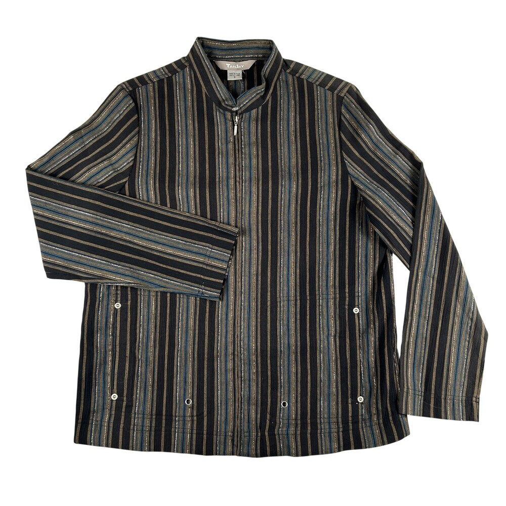 TanJay Jacket Womens Small Multi Black Striped Full Zip Collared Pockets Riviera